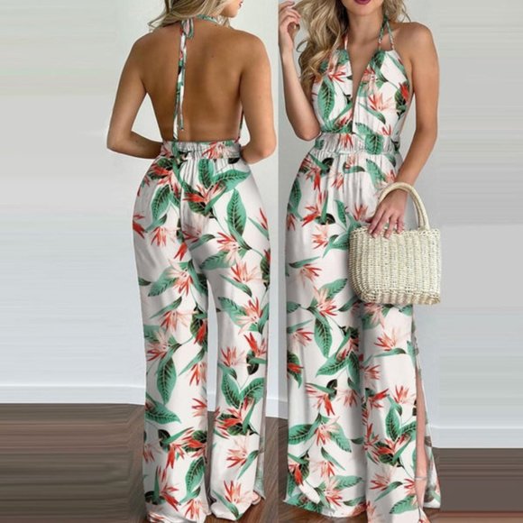 Summer Women Jumpsuits Outfits Tropical Print Halter V Neck Jumpsuit - Picture 5 of 5